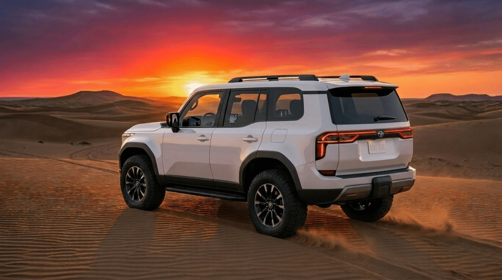 Green vintage SUV driving on sand dunes during vibrant sunset