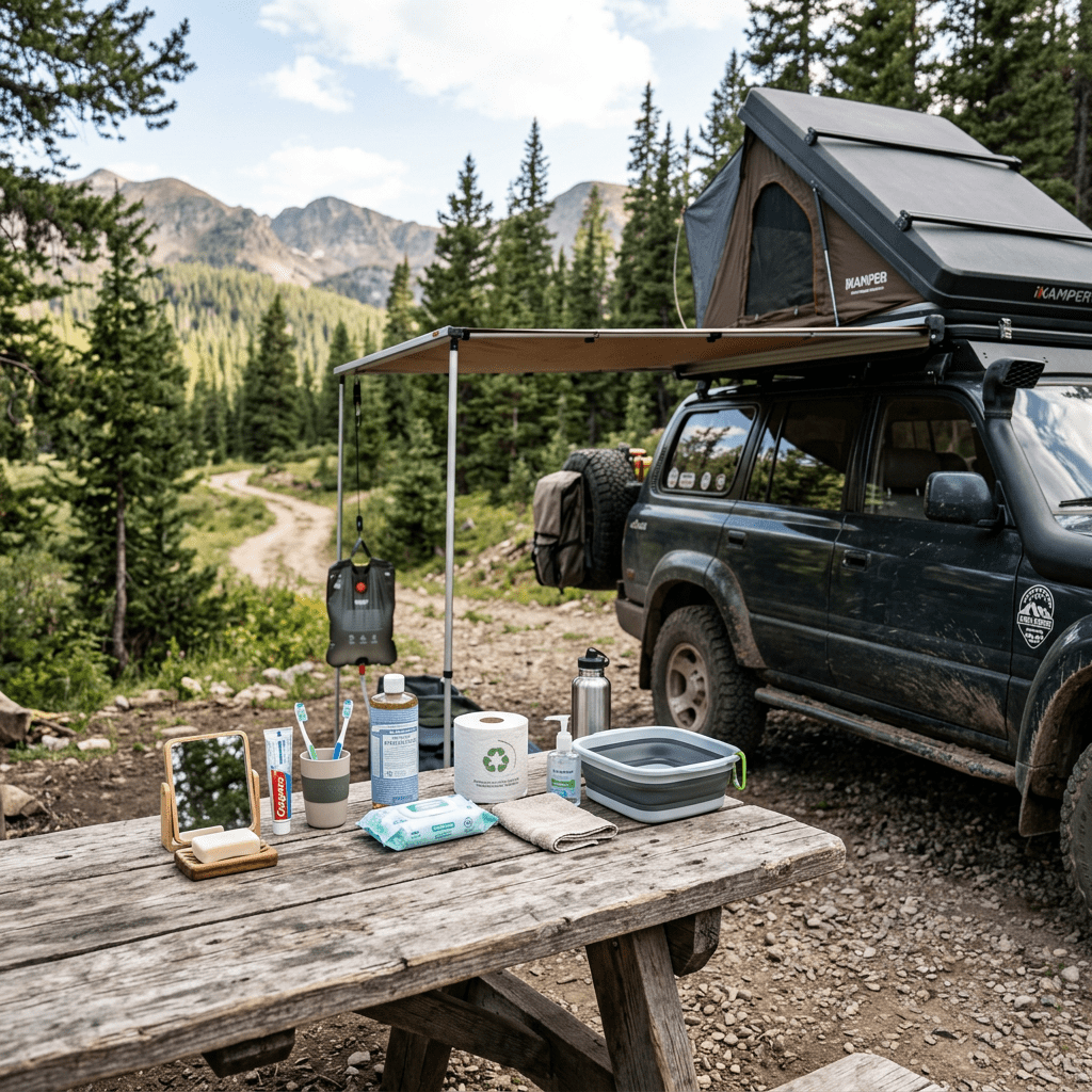 Overland vehicle with rooftop tent, awning, and camping supplies in a mountain forest