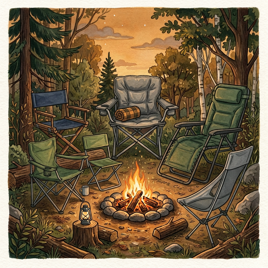 Five distinct camping chairs around a woodland campfire